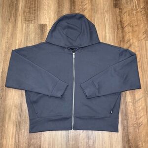 DKNY Sport Women’s Zip Up Ribbed Mid-Weight Hoodie, Steel Blue, Size Large